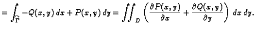$\displaystyle = \int_{\overset{\curvearrowright}{\Gamma}}
-Q(x,y)\,dx + P(x,y)\...
...al{}P(x,y)}{\partial{}x} +
\frac{\partial{}Q(x,y)}{\partial{}y}\right)\,dx\,dy.$