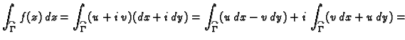 $\displaystyle \int_{\overset{\curvearrowright}{\Gamma}}f(z)\,dz =
\int_{\overse...
...ma}}(u\,dx-v\,dy) +
i\,\int_{\overset{\curvearrowright}{\Gamma}}(v\,dx+u\,dy) =$