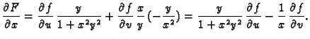 $\displaystyle \frac{\partial F}{\partial x}=
\frac{\partial f}{\partial u}\,\fr...
...^2}\,\frac{\partial f}{\partial u}-
\frac{1}{x}\,\frac{\partial f}{\partial v}.$