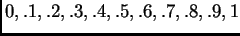 $ 0,.1,.2,.3,.4,.5,.6,.7,.8,.9,1$