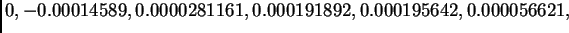 $\displaystyle 0,-0.00014589,0.0000281161,
0.000191892,0.000195642,0.000056621,$