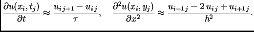 % latex2html id marker 41311
$\displaystyle \frac{\textstyle{\partial u(x_i,t_j)...
..._j)}{\partial{}x^2} \approx{}
\frac{u_{i-1\,j} -2\,u_{i\,j} +u_{i+1\,j}}{h^2}.$
