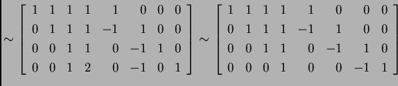 % latex2html id marker 31541
$\displaystyle \sim\left[\begin{array}{rrrrrrrr}
1...
... 1 & 1 & 0 & -1 & 1 & 0 \\
0 & 0 & 0 & 1 & 0 & 0 & -1 & 1
\end{array}\right]$